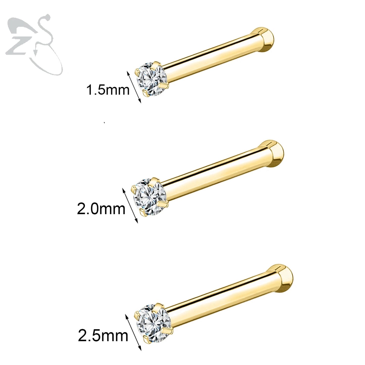 3 Pcs Gold Stainless Steel Nose Stud Set | Heart, Star & Round Crystal Piercings