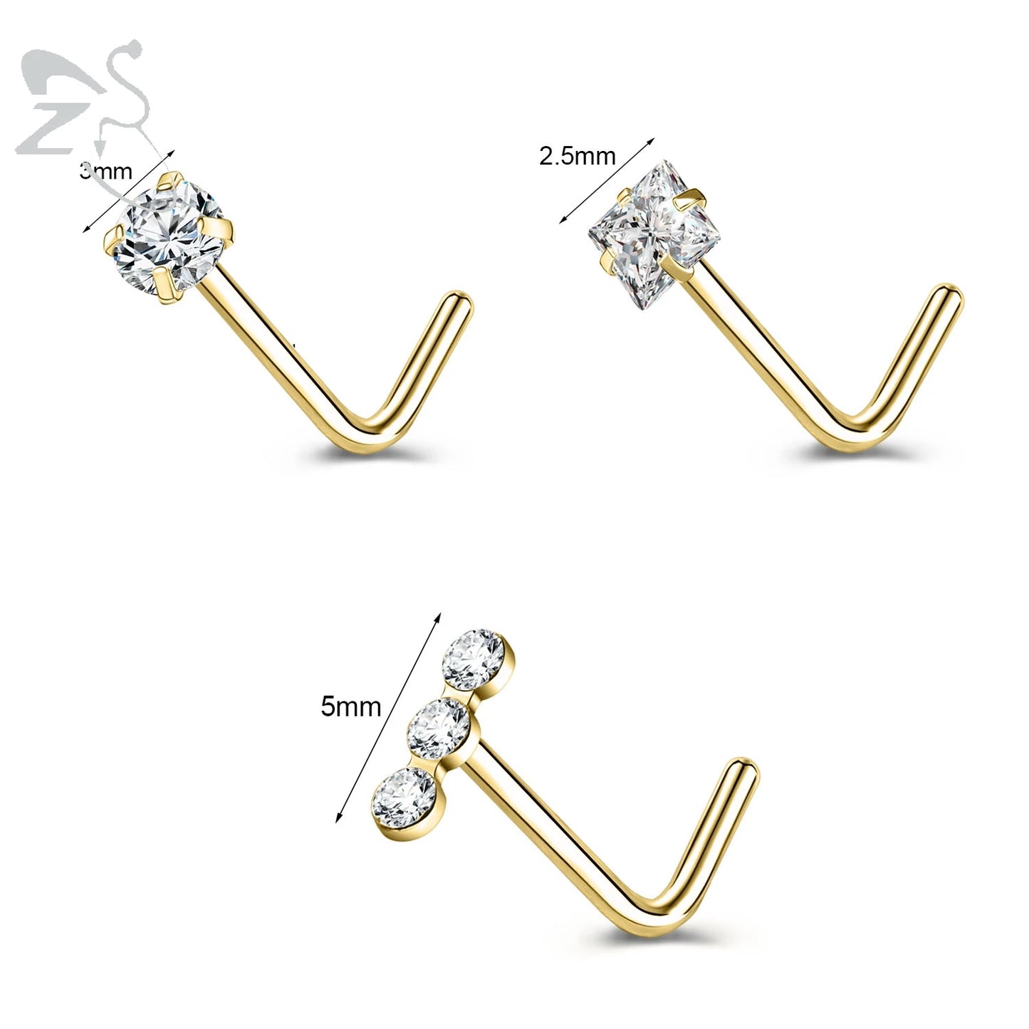3-4 Pcs Gold Stainless Steel Nose Stud Set | Heart, Star & Round Crystal Piercings