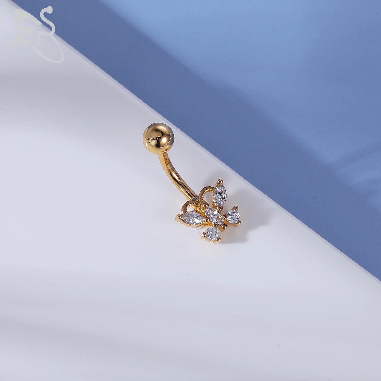 Gold Colour Stainless Steel Belly Ring | Flower Heart Crystal Navel Belly Button Rings | Butterfly Navel Piercings 14G - Glamour Touch