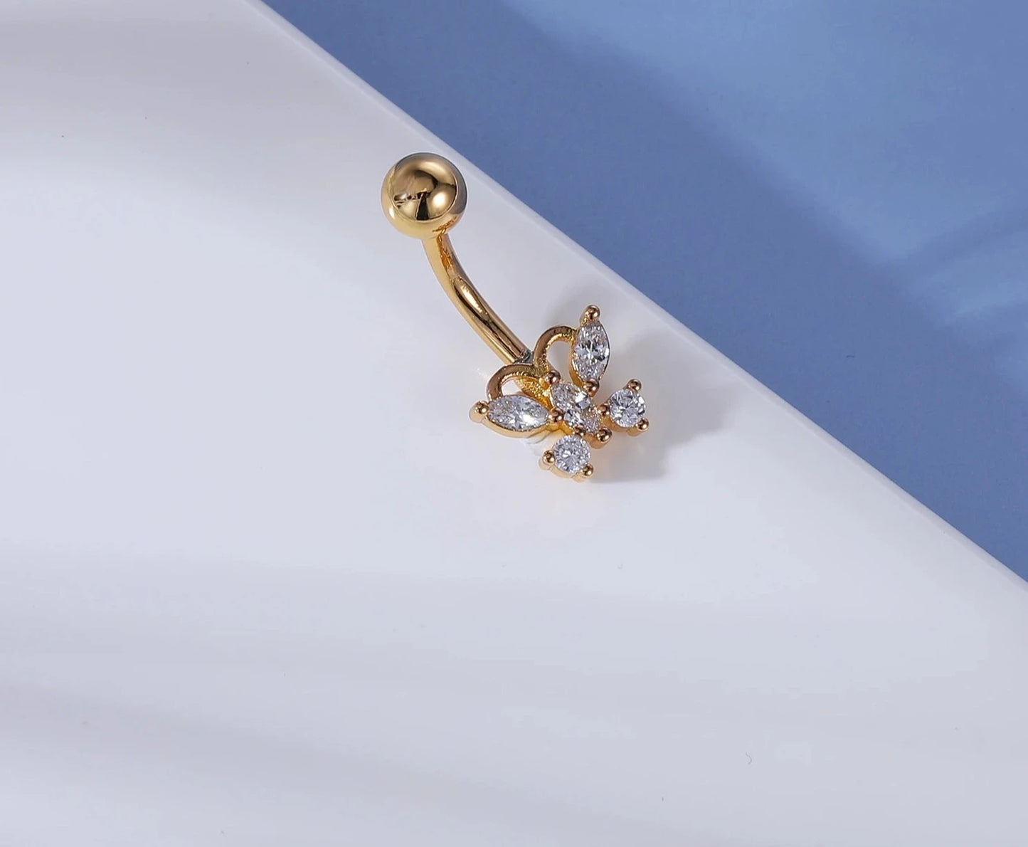 Gold Colour Stainless Steel Belly Ring | Flower Heart Crystal Navel Belly Button Rings | Butterfly Navel Piercings 14G - Glamour Touch