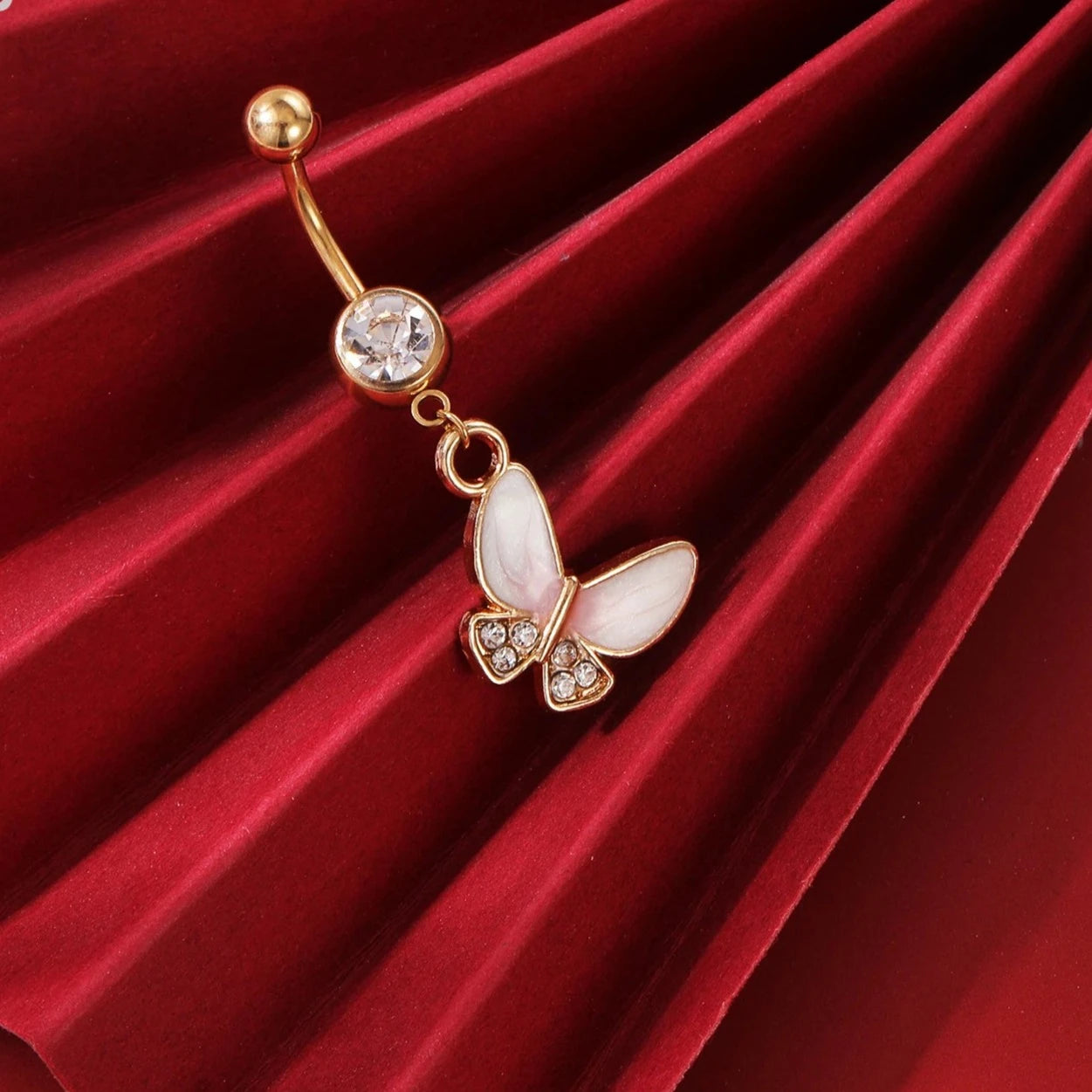 Gold Colour Stainless Steel Belly Ring | Flower Heart Crystal Navel Belly Button Rings | Butterfly Navel Piercings 14G - Glamour Touch