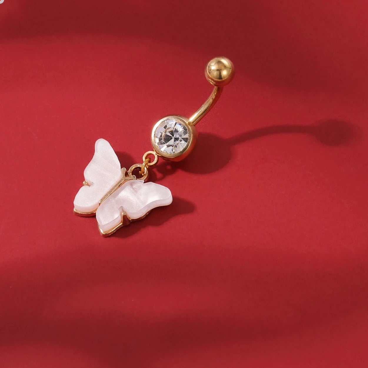 Gold Colour Stainless Steel Belly Ring | Flower Heart Crystal Navel Belly Button Rings | Butterfly Navel Piercings 14G - Glamour Touch