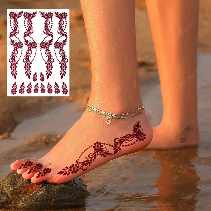 Brown Henna Tattoo Stickers for Foot Hand | Flower Fake Tattoo for Women | Waterproof Temporary Tattoos for Wedding Party / Festivals - Glamour Touch