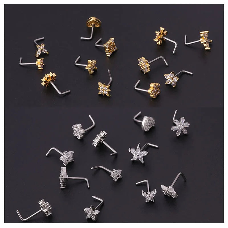 Stainless Steel Small Nose Rings | Zircon Flower Heart Nose Stud | 20G Body Piercing Jewellery For Women | Gift - Glamour Touch