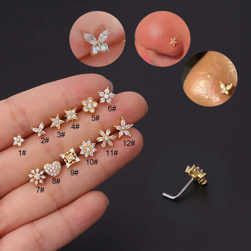 Stainless Steel Small Nose Rings | Zircon Flower Heart Nose Stud | 20G Body Piercing Jewellery For Women | Gift - Glamour Touch