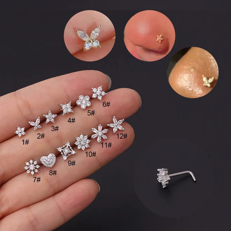 Stainless Steel Small Nose Rings | Zircon Flower Heart Nose Stud | 20G Body Piercing Jewellery For Women | Gift - Glamour Touch
