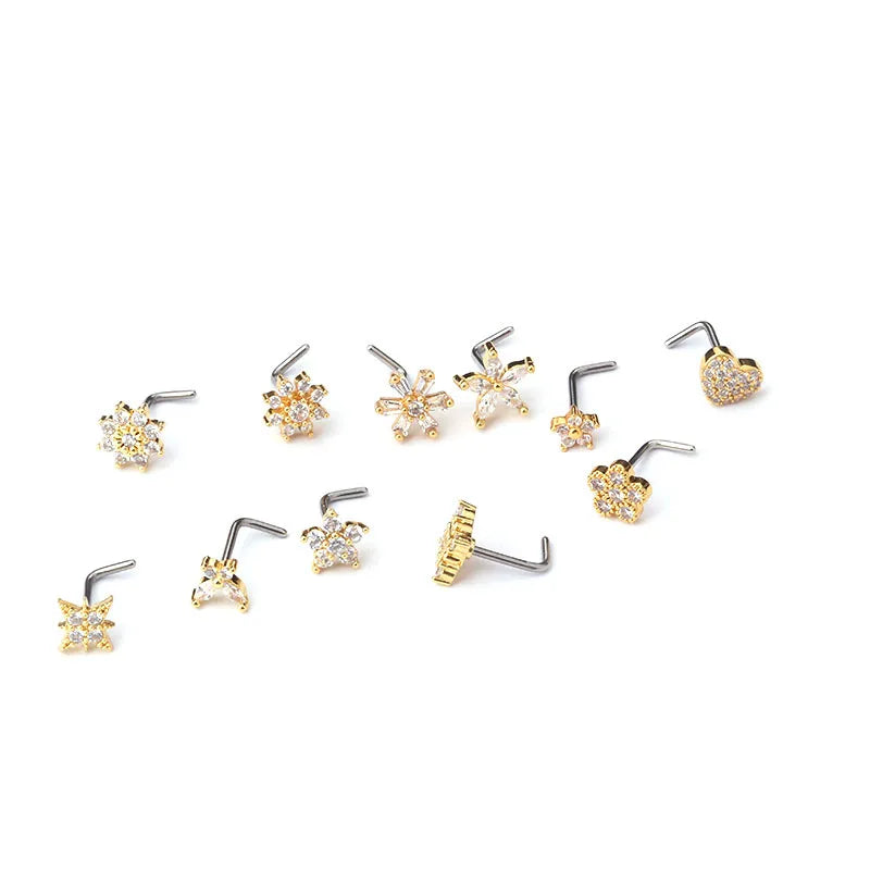 Stainless Steel Small Nose Rings | Zircon Flower Heart Nose Stud | 20G Body Piercing Jewellery For Women | Gift - Glamour Touch
