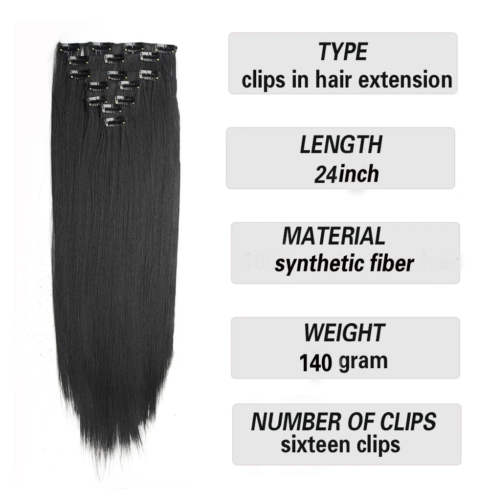 Long Straight Synthetic Hair Extensions | 16 Clips, 7 Pcs/Set | Hairpiece for Women