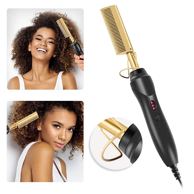 2-in-1 Electric Hot Heating Comb | Hair Straightener & Curler | Styling Brush