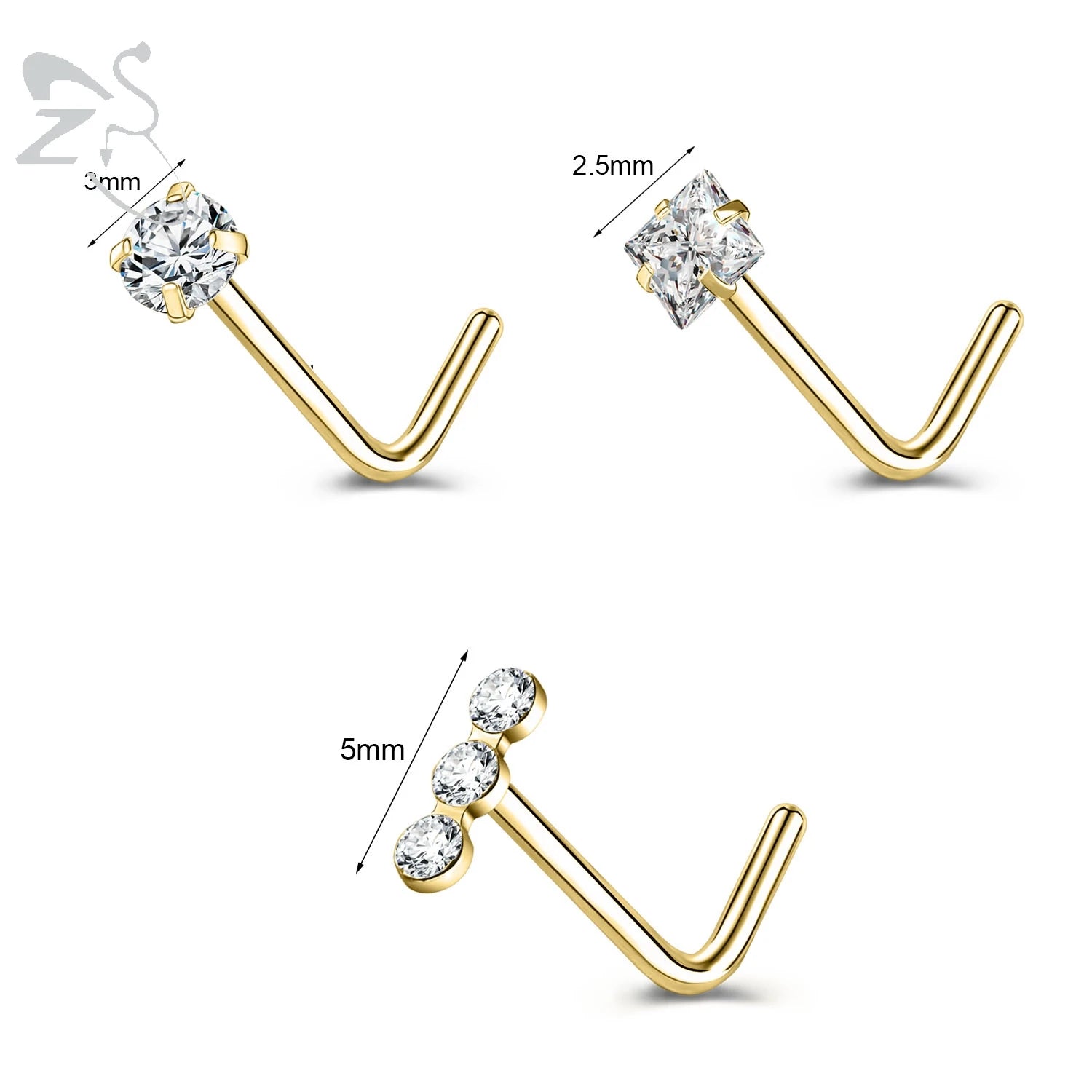 3-4 Pcs Gold Stainless Steel Nose Stud Set | Heart, Star & Round Crystal Piercings