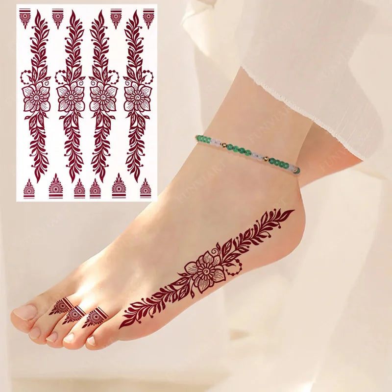 Brown Henna Tattoo Stickers for Foot Hand | Flower Fake Tattoo for Women | Waterproof Temporary Tattoos for Wedding Party / Festivals - Glamour Touch