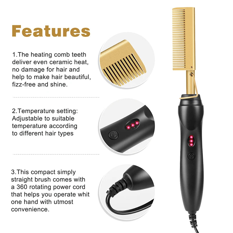 2 in 1 Electric Hot Heating Comb | Hair Straightener | Curler Wet Dry Hair Iron | Straightening Brush | Hair Styling Tool - Glamour Touch