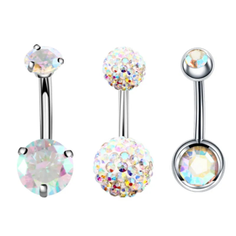 3 Pcs/Set Surgical Steel Crystal Belly Button Piercing Set | 14G Heart Belly Piercing Pack | Navel Ring Set |Cute Belly Bar Bulk - Glamour Touch