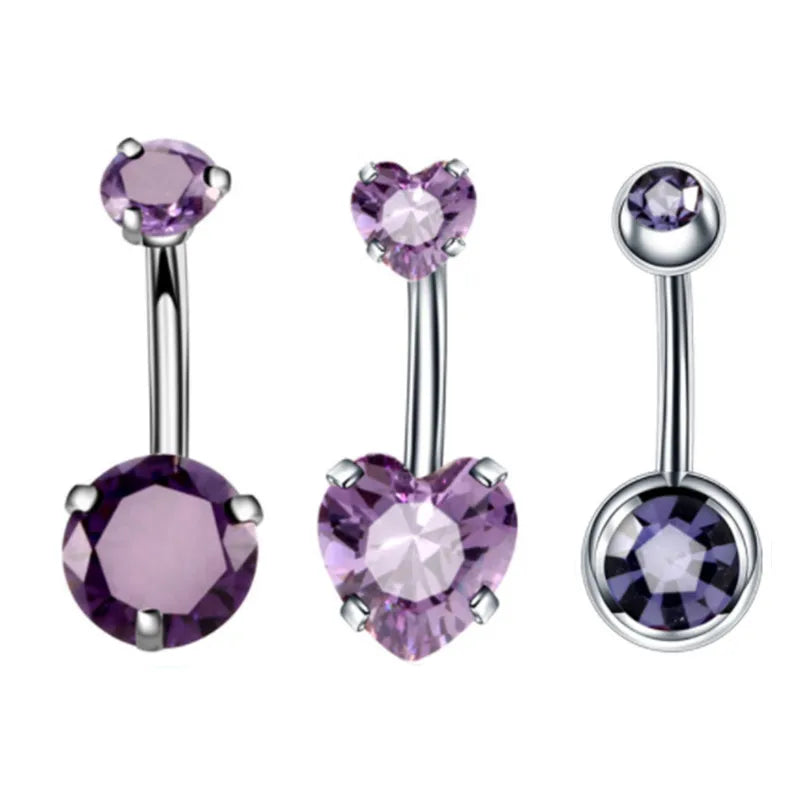 3 Pcs/Set Surgical Steel Crystal Belly Button Piercing Set | 14G Heart Belly Piercing Pack | Navel Ring Set |Cute Belly Bar Bulk - Glamour Touch