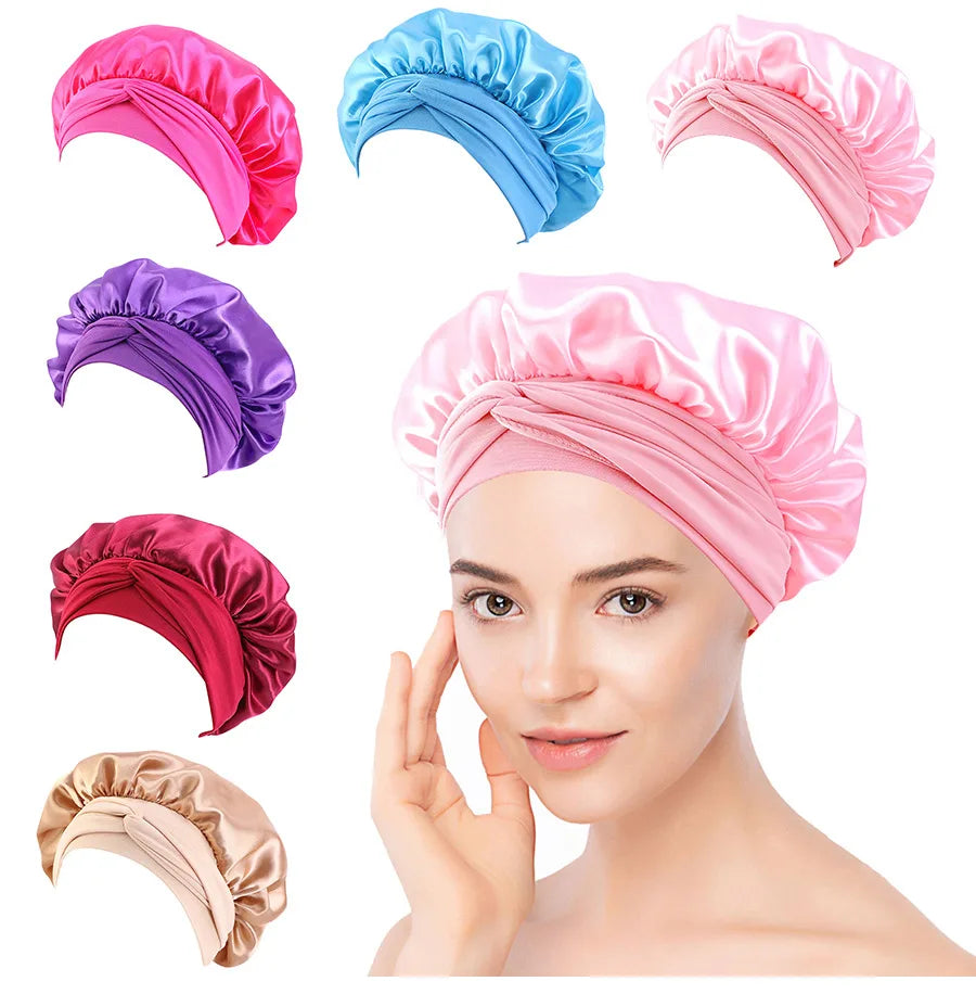 New Large Satin Bonnet | Silk Night Sleeping Cap | Long Satin Bonnet With Head Tie | Band Bonnet Edge Wrap For Women |Curly Braid Hair - Glamour Touch