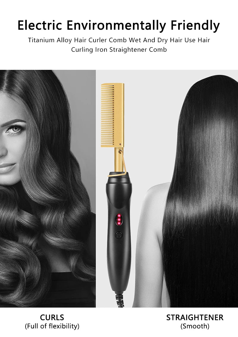 2 in 1 Electric Hot Heating Comb | Hair Straightener | Curler Wet Dry Hair Iron | Straightening Brush | Hair Styling Tool - Glamour Touch