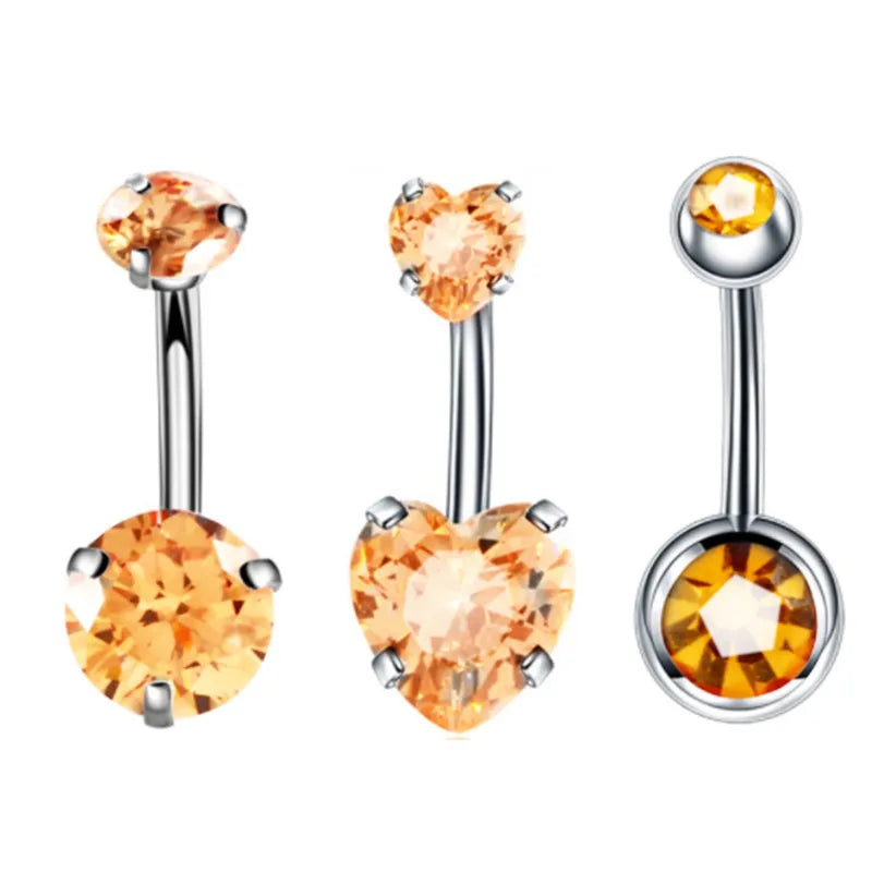 3 Pcs/Set Surgical Steel Crystal Belly Button Piercing Set | 14G Heart Belly Piercing Pack | Navel Ring Set |Cute Belly Bar Bulk - Glamour Touch