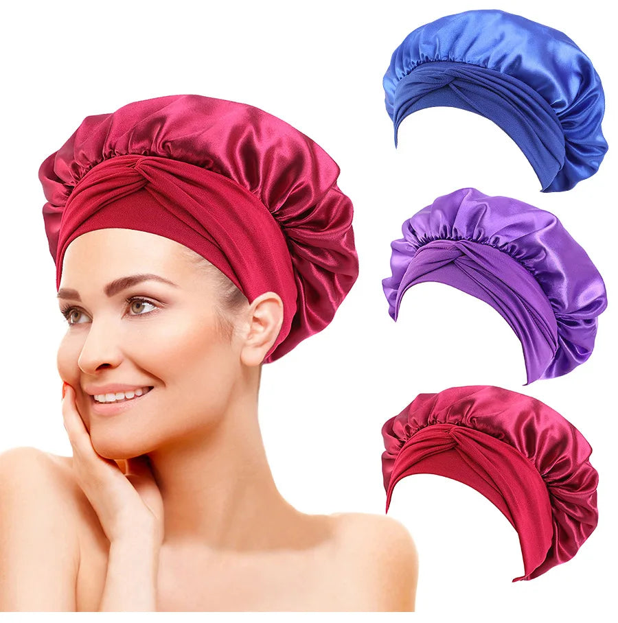 New Large Satin Bonnet | Silk Night Sleeping Cap | Long Satin Bonnet With Head Tie | Band Bonnet Edge Wrap For Women |Curly Braid Hair - Glamour Touch