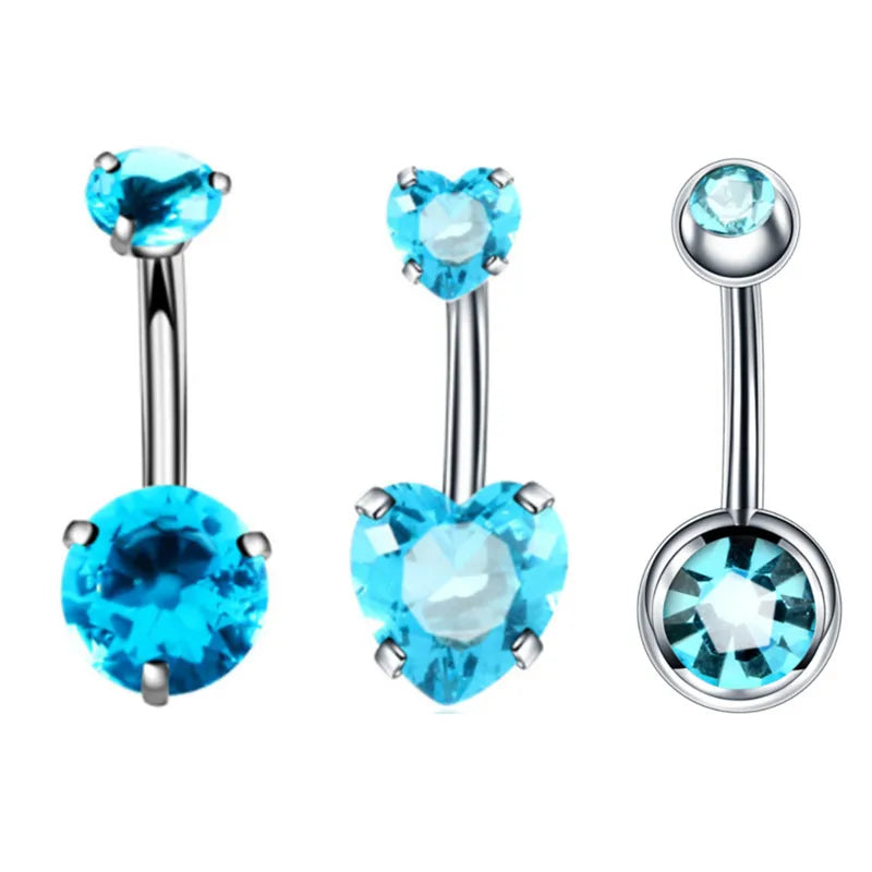 3 Pcs/Set Surgical Steel Crystal Belly Button Piercing Set | 14G Heart Belly Piercing Pack | Navel Ring Set |Cute Belly Bar Bulk - Glamour Touch