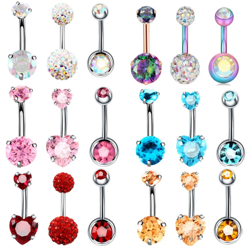 3 Pcs/Set Surgical Steel Crystal Belly Button Piercing Set | 14G Heart Belly Piercing Pack | Navel Ring Set |Cute Belly Bar Bulk - Glamour Touch