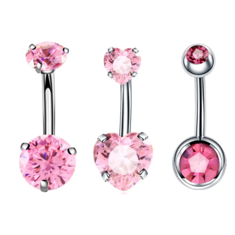 3 Pcs/Set Surgical Steel Crystal Belly Button Piercing Set | 14G Heart Belly Piercing Pack | Navel Ring Set |Cute Belly Bar Bulk - Glamour Touch