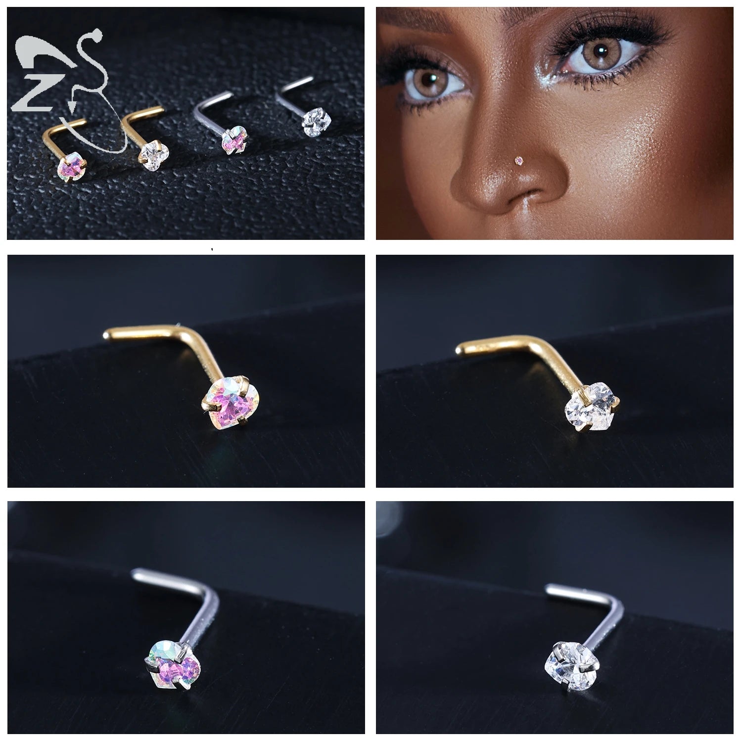 3-4pcs/set Gold Colour Stainless Steel Nose Stud Set - Heart, Star, Round Crystal Nose Piercing, L-Shape Nostril Piercing 18G/20G - Glamour Touch