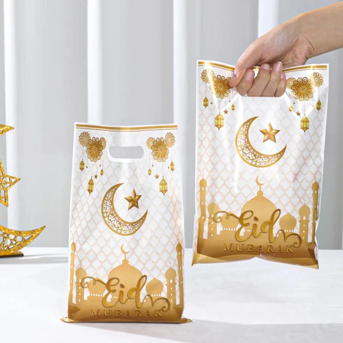 10 pcs Eid Mubarak Gift Bags | Plastic Candy Cookie Bag | Ramadan Kareem Decoration 2024 | Islamic Muslim Party Supplies|  Eid Gifts - Glamour Touch