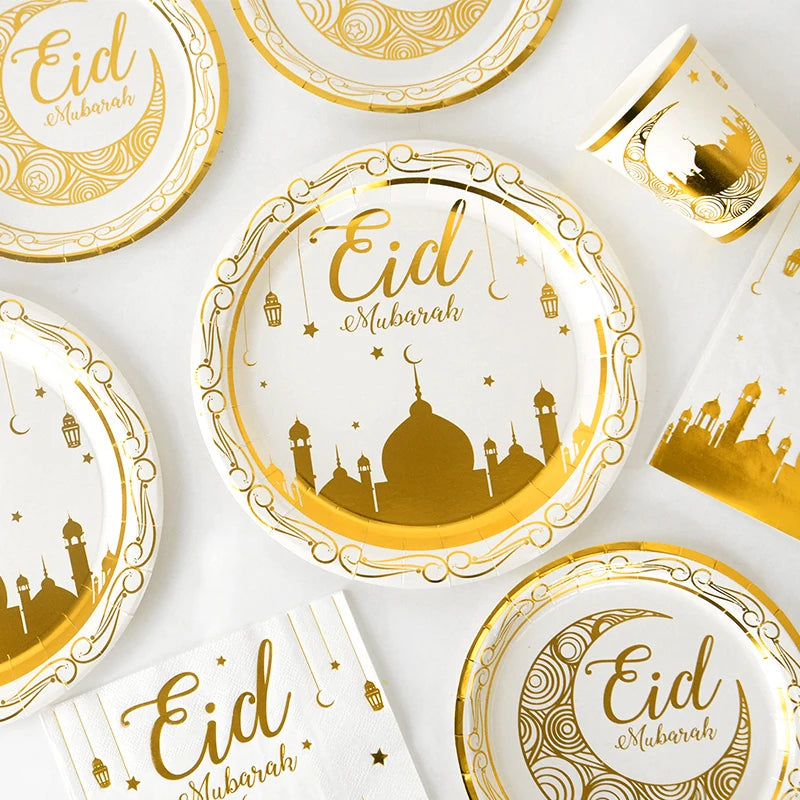 Eid Mubarak Disposable Tableware | Gold Plate Cup | Banner Gift Bags | Islamic Muslim Party Supplies 2024 | Ramadan Kareem Decorations - Glamour Touch