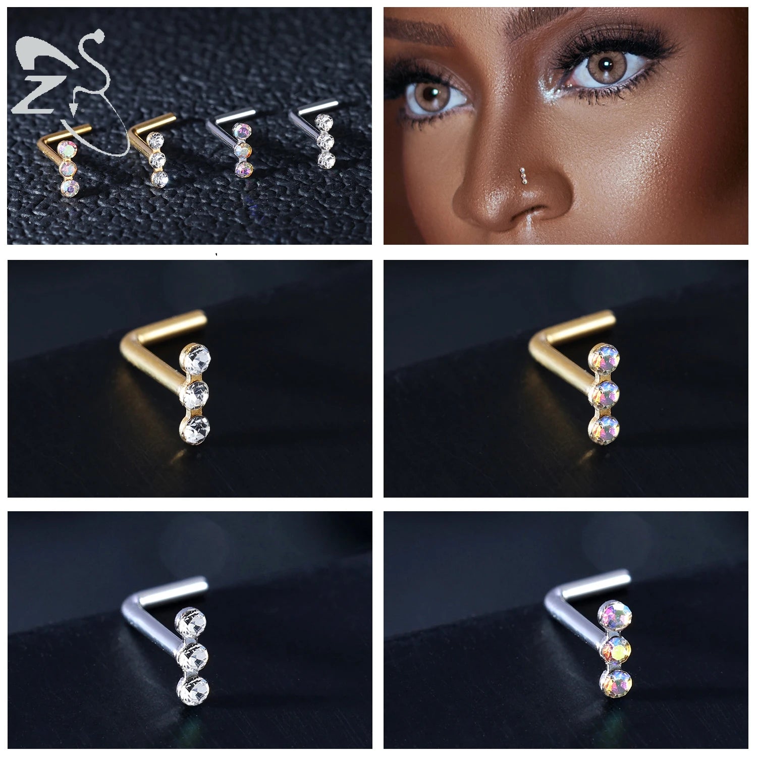 3-4pcs/set Gold Colour Stainless Steel Nose Stud Set - Heart, Star, Round Crystal Nose Piercing, L-Shape Nostril Piercing 18G/20G