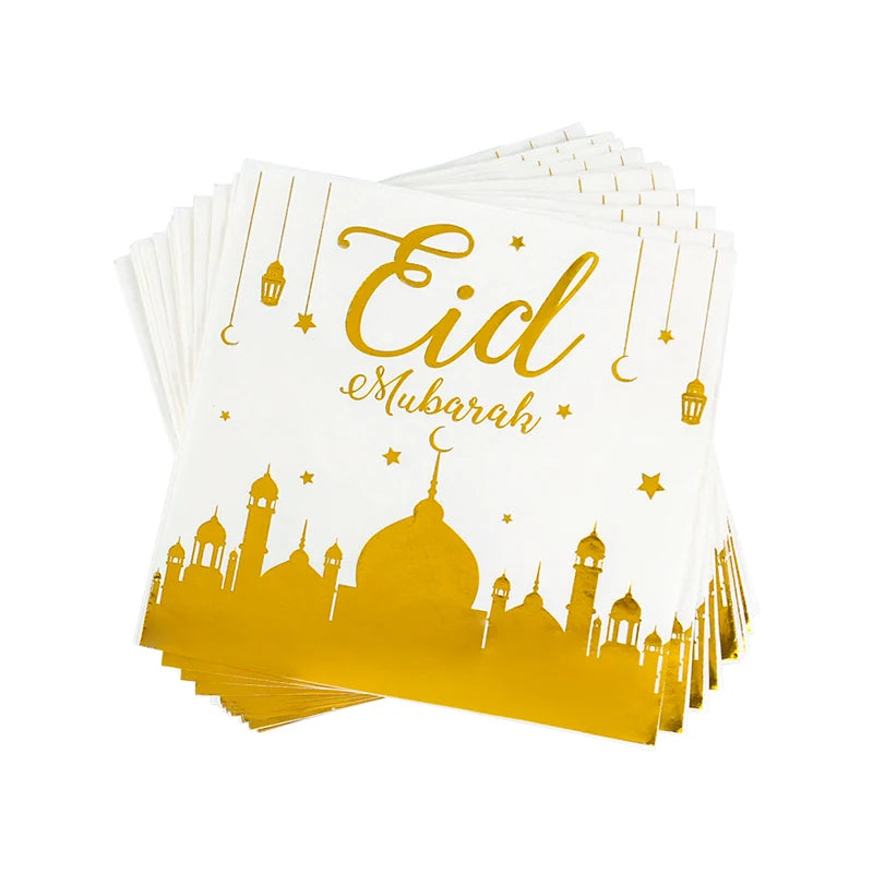 Eid Mubarak Disposable Tableware | Gold Plate Cup | Banner Gift Bags | Islamic Muslim Party Supplies 2024 | Ramadan Kareem Decorations - Glamour Touch