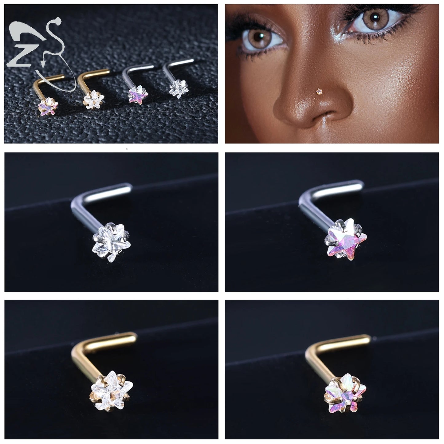 3-4pcs/set Gold Colour Stainless Steel Nose Stud Set - Heart, Star, Round Crystal Nose Piercing, L-Shape Nostril Piercing 18G/20G - Glamour Touch