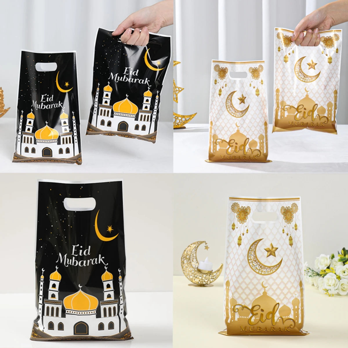 10 pcs Eid Mubarak Gift Bags | Plastic Candy Cookie Bag | Ramadan Kareem Decoration 2024 | Islamic Muslim Party Supplies|  Eid Gifts