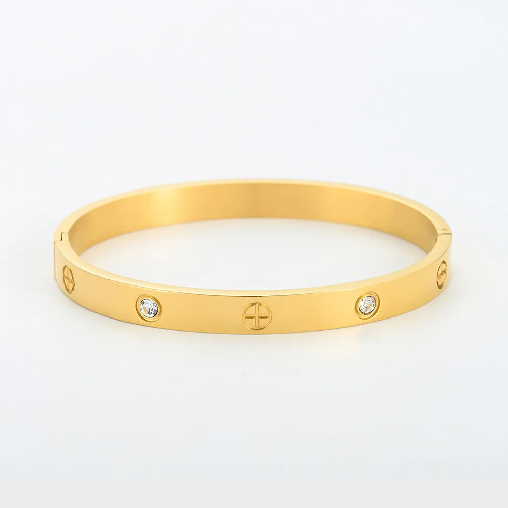 New Design Gold Colour Zircon And Cross Nut Nail Bracelet & Bangle For Woman | Stainless Steel Screw Brand Jewellery - Glamour Touch