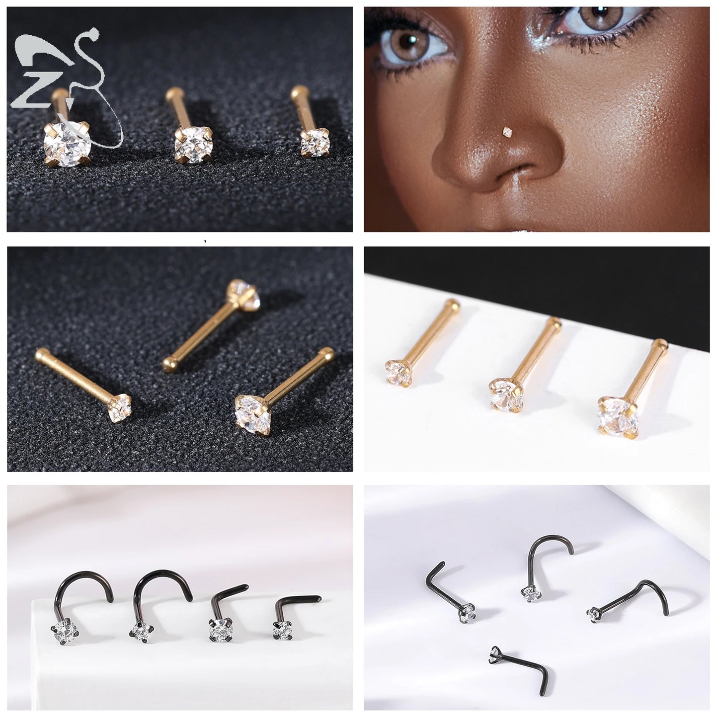 3-4pcs/set Gold Colour Stainless Steel Nose Stud Set - Heart, Star, Round Crystal Nose Piercing, L-Shape Nostril Piercing 18G/20G - Glamour Touch