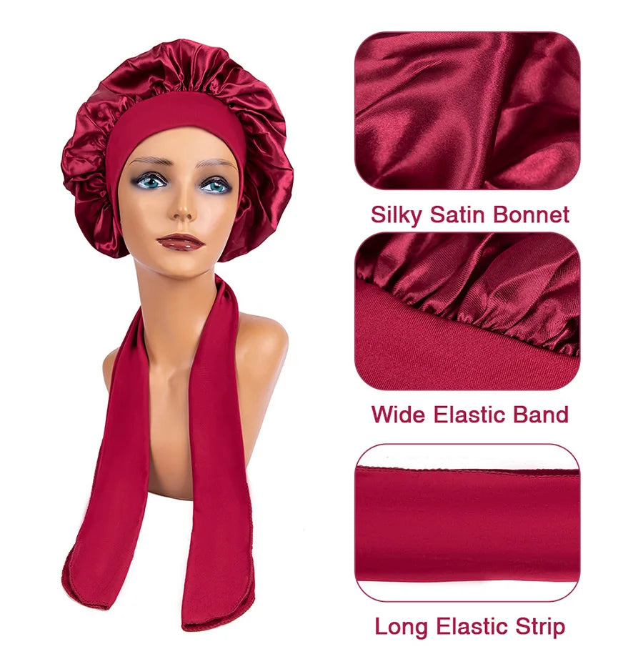 New Large Satin Bonnet | Silk Night Sleeping Cap | Long Satin Bonnet With Head Tie | Band Bonnet Edge Wrap For Women |Curly Braid Hair - Glamour Touch