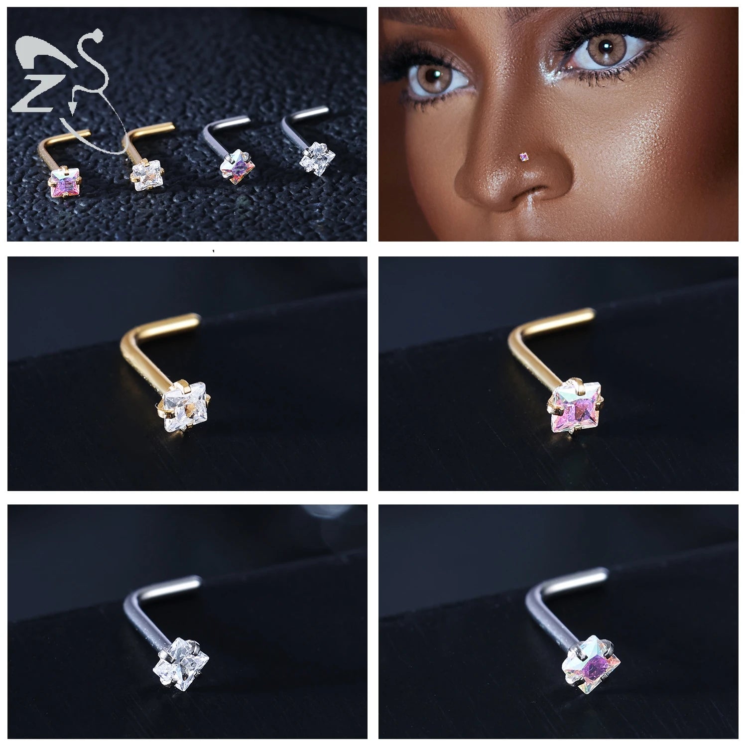 3-4pcs/set Gold Colour Stainless Steel Nose Stud Set - Heart, Star, Round Crystal Nose Piercing, L-Shape Nostril Piercing 18G/20G - Glamour Touch