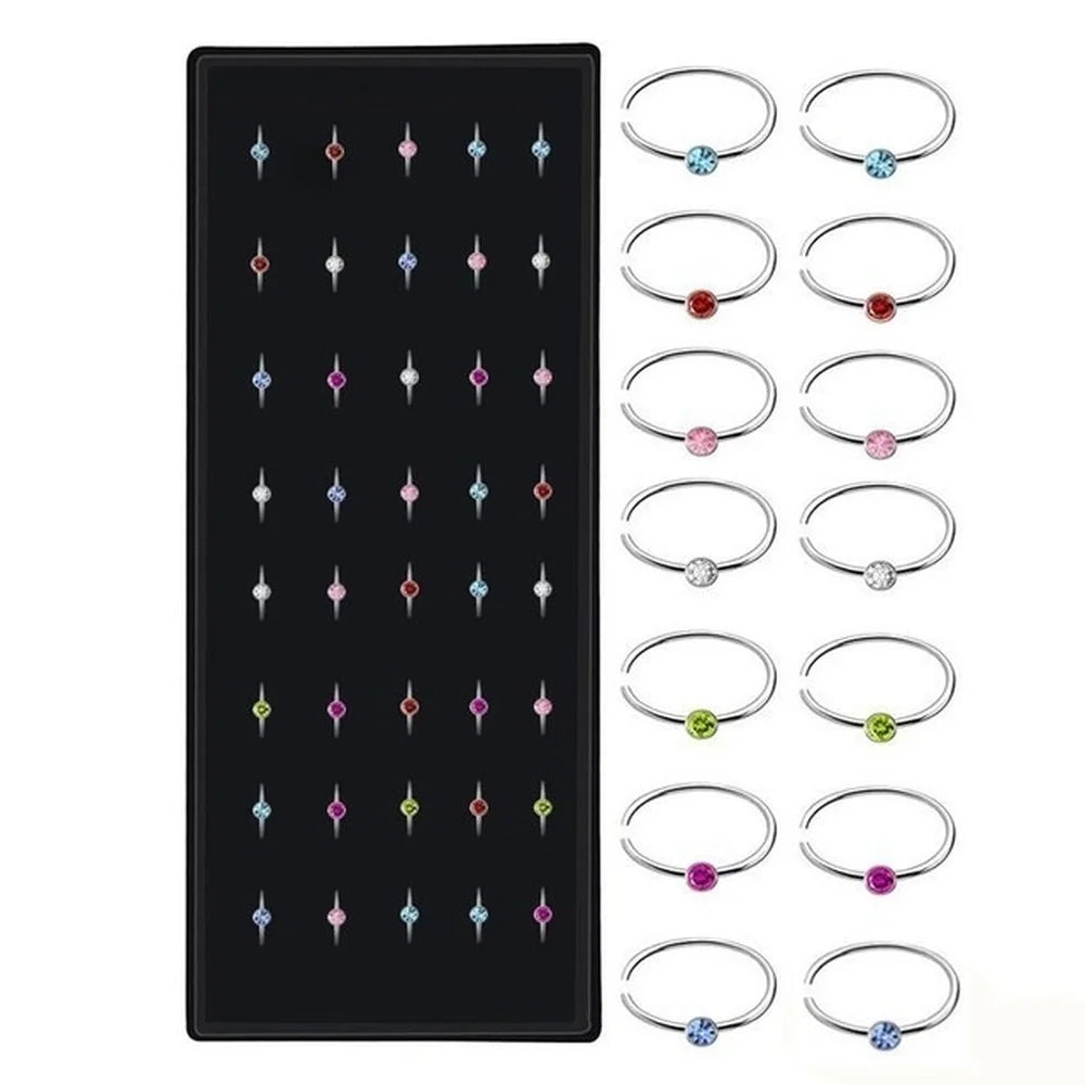 40-60 Pcs/set Fashion Crystal C Shape Nose Ring | Stainless Steel Multicolour Bend Nose Stud for Women | Piercing - Glamour Touch