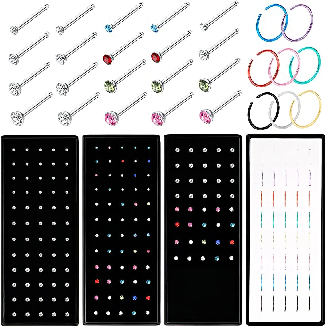 40-60 Pcs/set Fashion Crystal C Shape Nose Ring | Stainless Steel Multicolour Bend Nose Stud for Women | Piercing