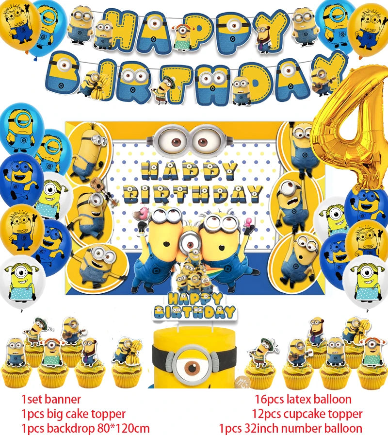 Cartoon Minions Kids Birthday Party Decoration | Latex Foil Balloons | Yellow Paper Cup Plate | Party Supplies | Disposable Tableware - Glamour Touch