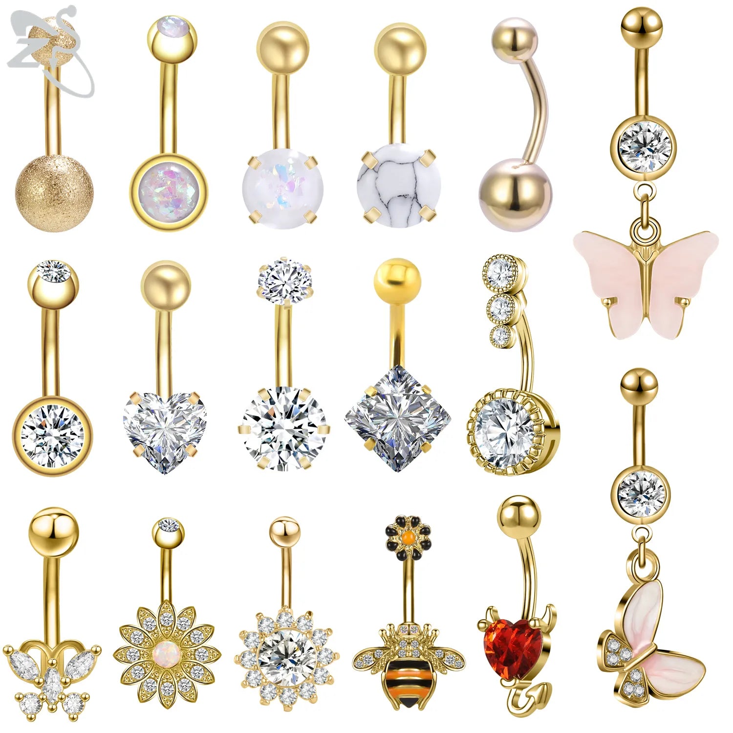 Gold Colour Stainless Steel Belly Ring | Flower Heart Crystal Navel Belly Button Rings | Butterfly Navel Piercings 14G - Glamour Touch