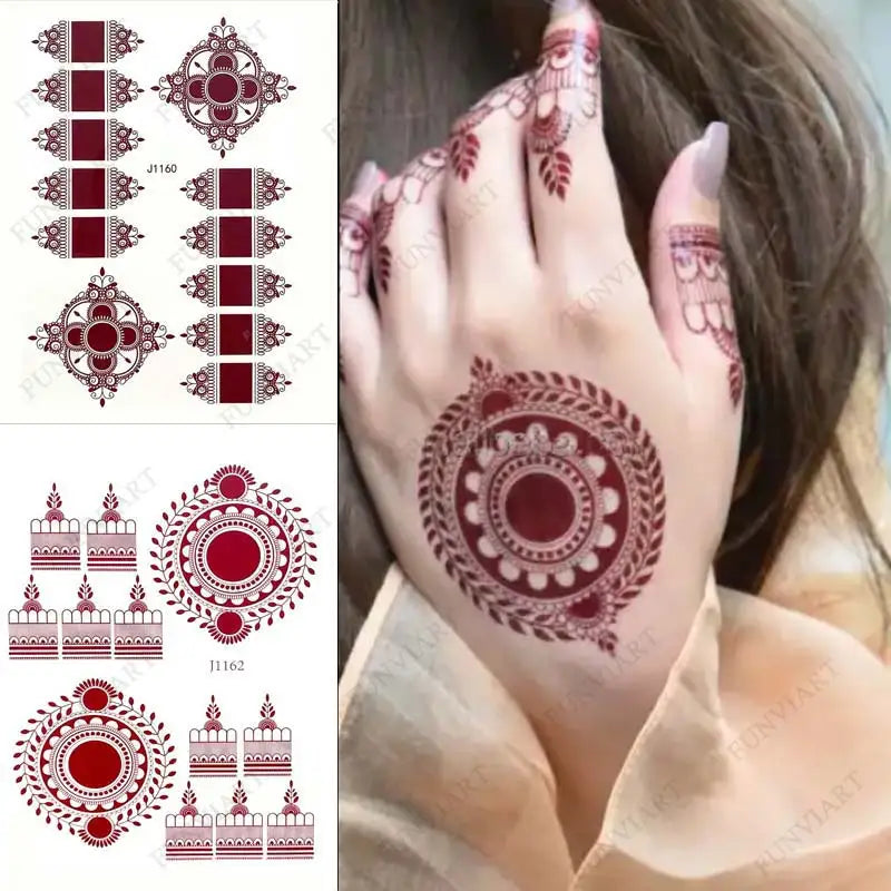 Maroon Henna Tattoo Stickers for Hand | Brown Henna Instant Tattoo for Women | Body Art | Waterproof Temporary Tattoo - Glamour Touch