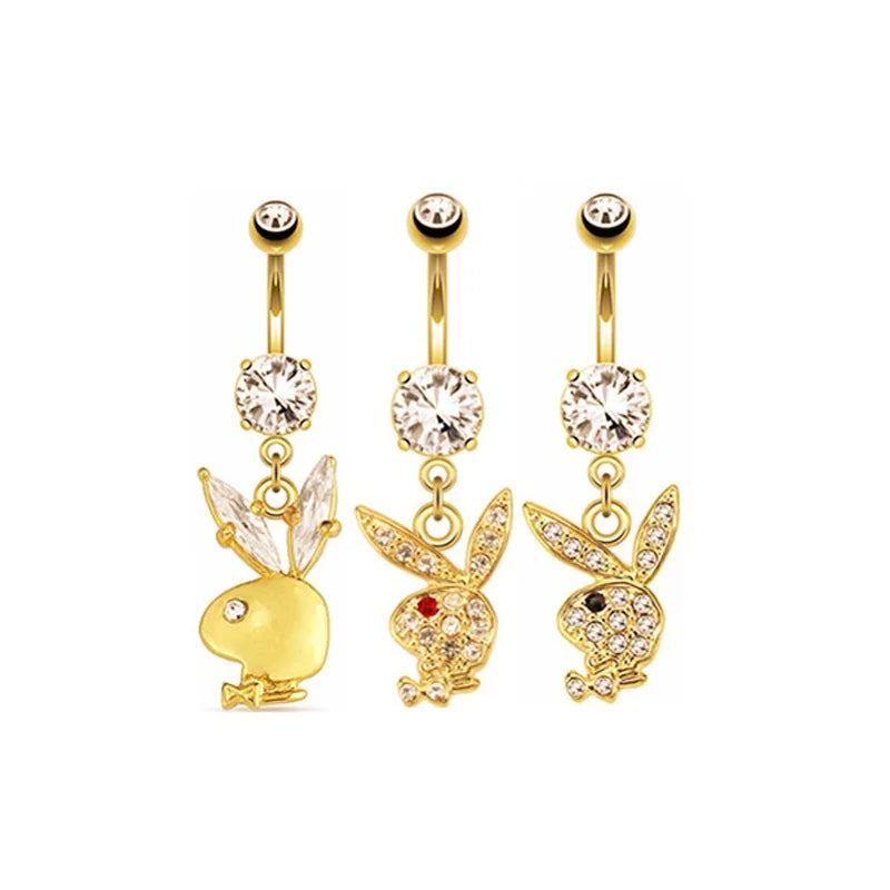 Belly Button Rings | Bunny Navel rings | Gold colour Rabbit Belly Rings for Women | Gem stone Pink Bunny | Belly Piercing Ring - Glamour Touch