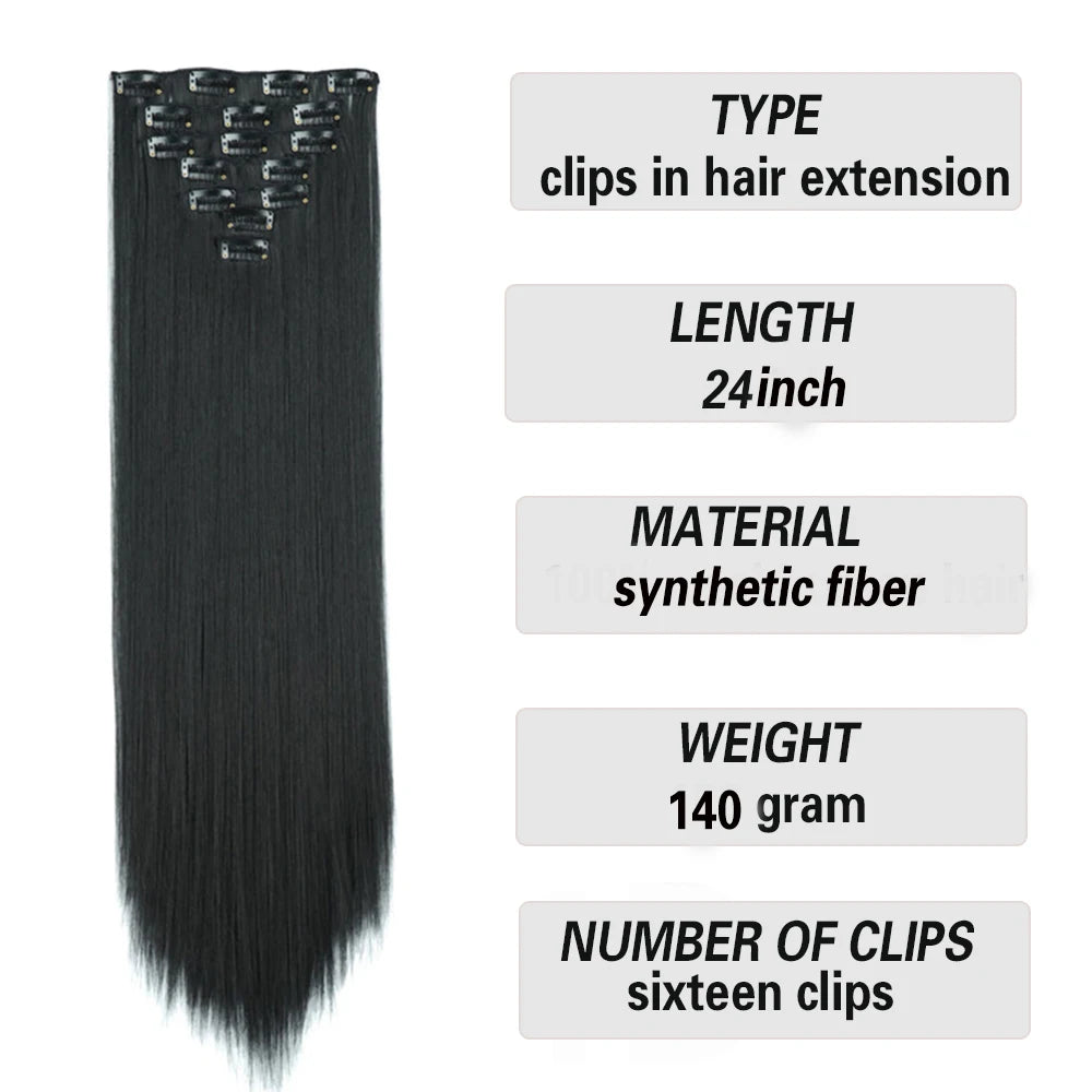 Long Straight Synthetic 16 Clips In Hair Extensions | 7 Pcs/Set High Temperature Fiber | Black Brown Blonde Hairpiece For Women - Glamour Touch