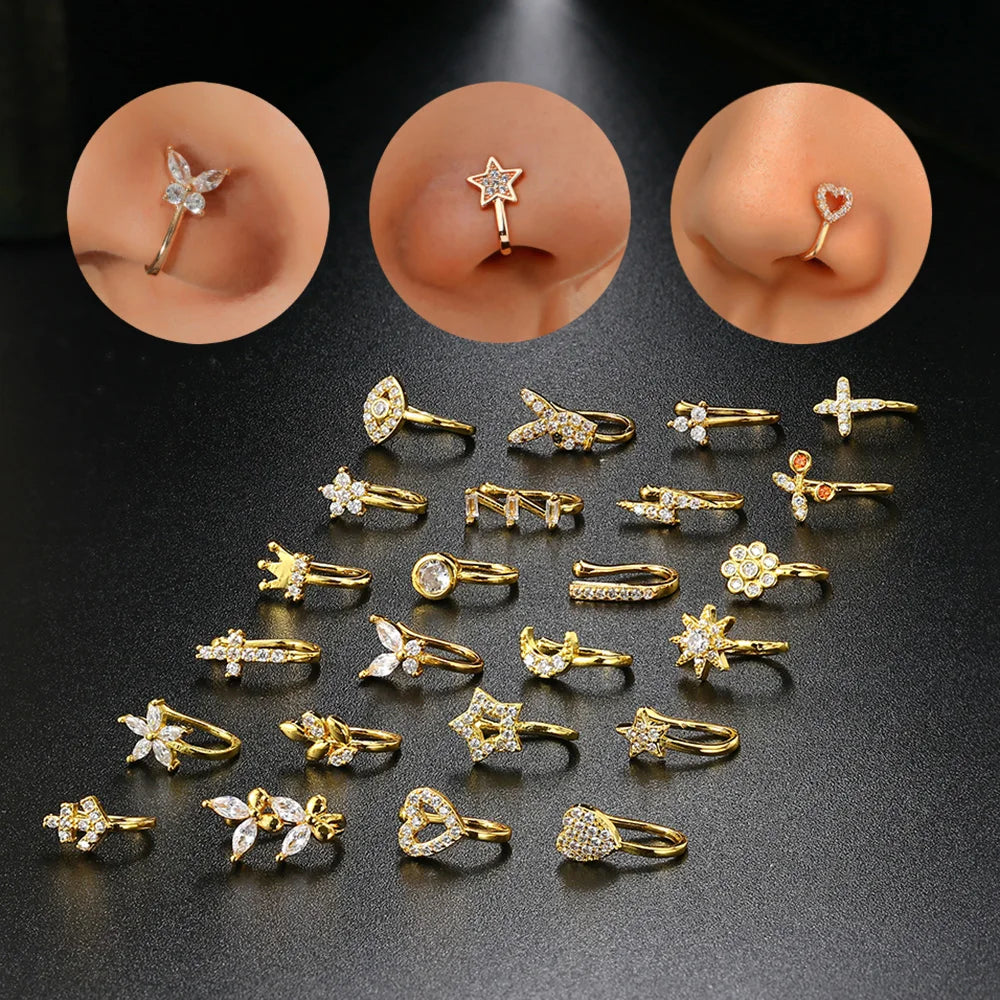 Piercing Clip | Nose Ring Cuff |Body Jewellery for Women | Heart Star Flowers Butterfly Clip - Glamour Touch