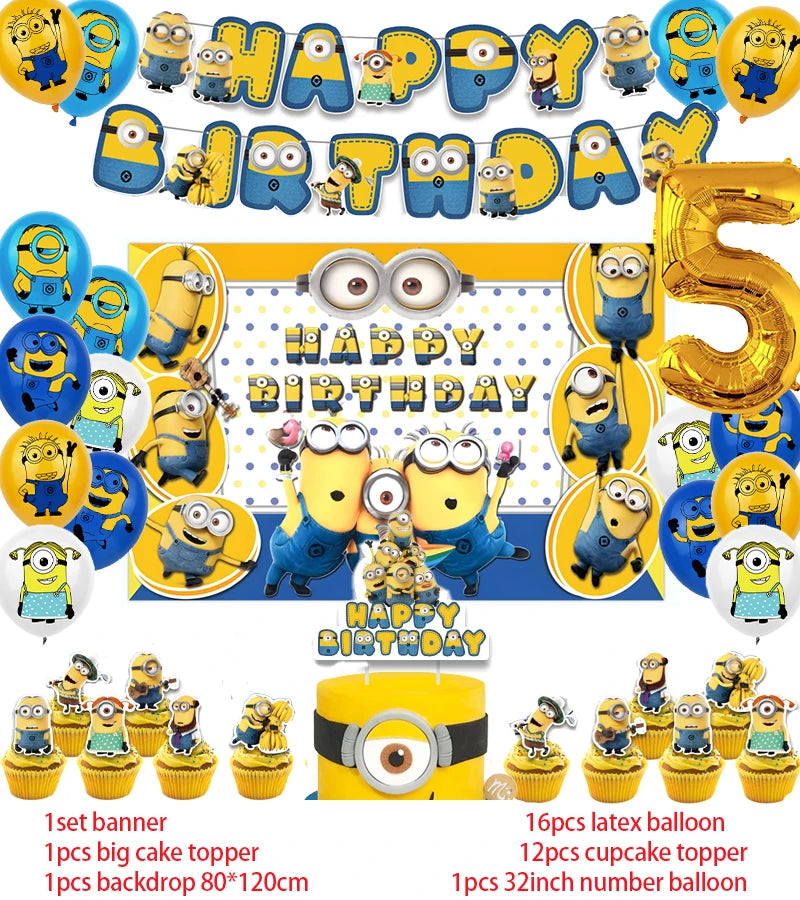 Cartoon Minions Kids Birthday Party Decoration | Latex Foil Balloons | Yellow Paper Cup Plate | Party Supplies | Disposable Tableware - Glamour Touch