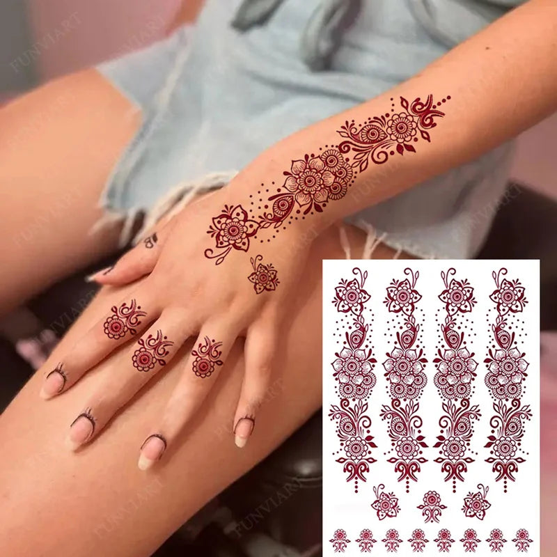 Brown Henna Tattoo Stickers for Foot Hand | Flower Fake Tattoo for Women | Waterproof Temporary Tattoos for Wedding Party / Festivals - Glamour Touch