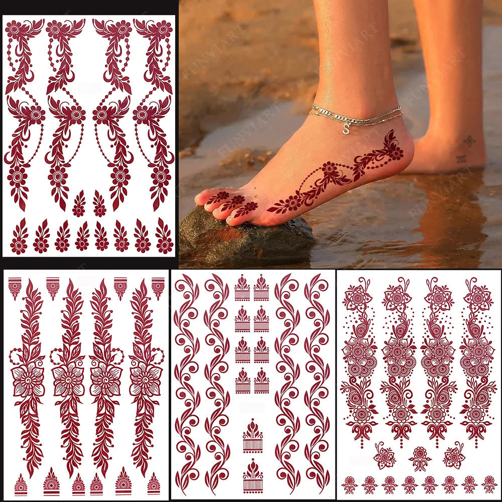 Brown Henna Tattoo Stickers for Foot Hand | Flower Fake Tattoo for Women | Waterproof Temporary Tattoos for Wedding Party / Festivals - Glamour Touch