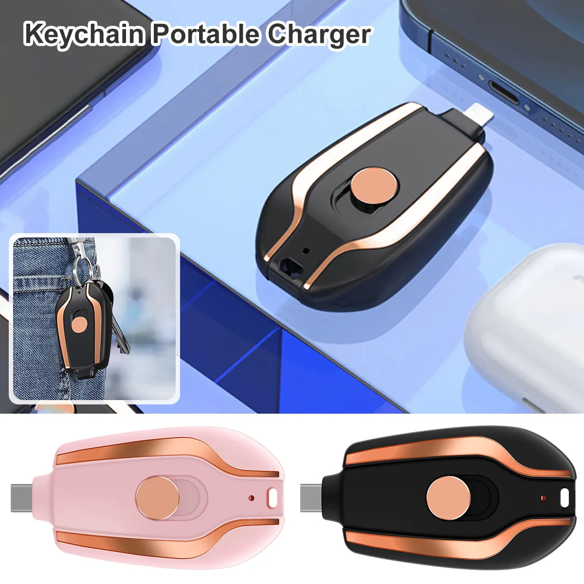 Keychain Portable Charger Compatible with Android | 1500mAh Durable Key Chain Phone Charger |Type-C Mini Power Emergency Charger - Glamour Touch