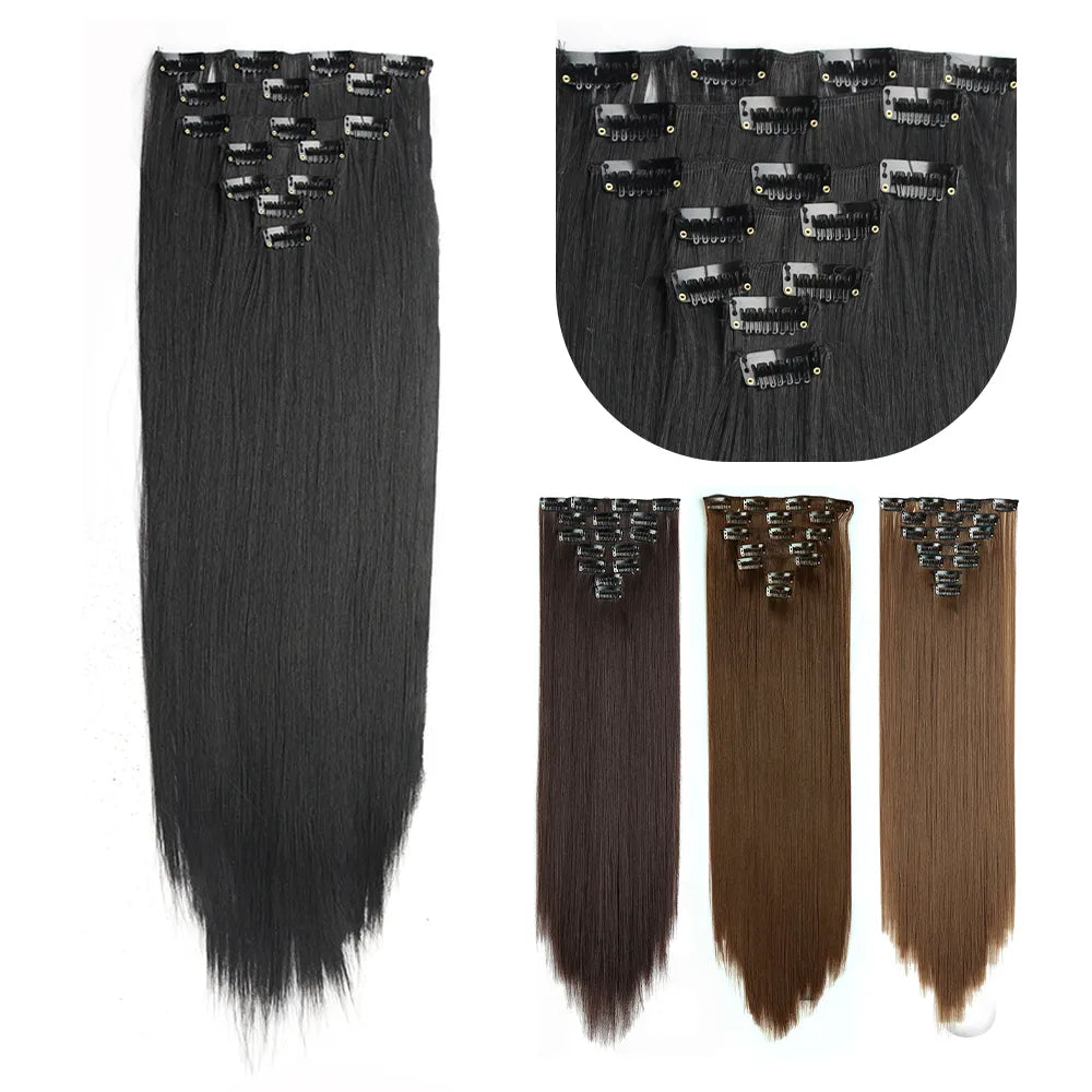 Long Straight Synthetic 16 Clips In Hair Extensions | 7 Pcs/Set High Temperature Fiber | Black Brown Blonde Hairpiece For Women - Glamour Touch