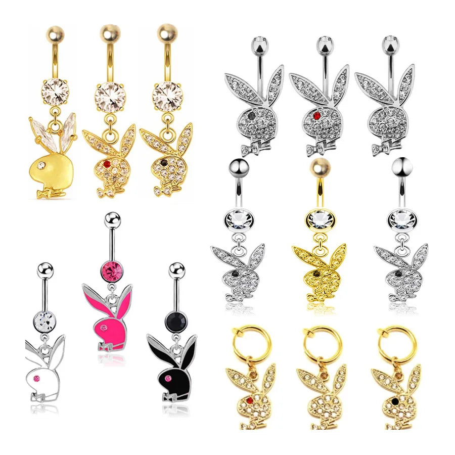 Belly Button Rings | Bunny Navel rings | Gold colour Rabbit Belly Rings for Women | Gem stone Pink Bunny | Belly Piercing Ring - Glamour Touch